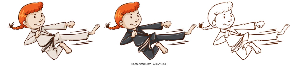 Girl doing taekwando in three different drawing styles illustration