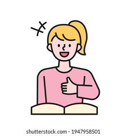 A girl doing thumb up while reading a book. flat design style minimal vector illustration.