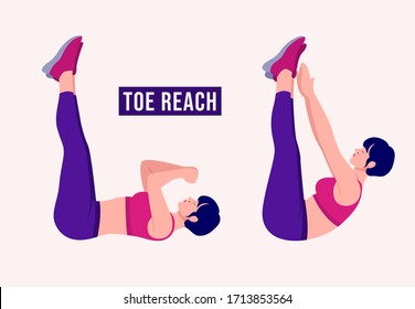 Girl doing Toe Reach exercise, Woman workout fitness, aerobic and exercises. Vector Illustration.