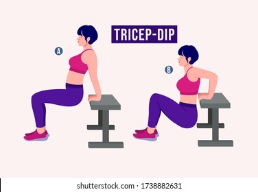 Girl doing Tricep Dip exercise, Woman workout fitness, aerobic and exercises. Vector Illustration.