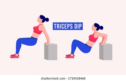 Girl doing Triceps Dip exercise, Woman workout fitness, aerobic and exercises. Vector Illustration.