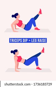 Girl doing Triceps Dip + Leg Raise exercise, Woman workout fitness, aerobic and exercises. Vector Illustration.