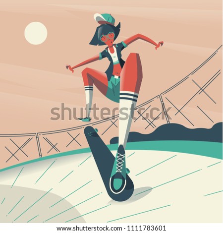 Girl doing doing a trick on her skateboard background
