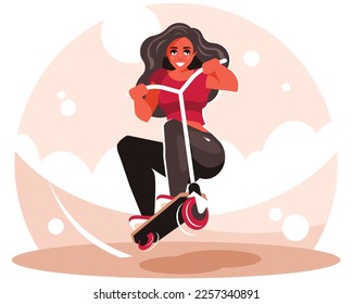 Girl doing tricks on a stunt scooter. Woman riding a stunt scooter on a pump track. Vector graphics