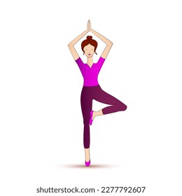 Girl doing vrikshasana yoga tree posture. Slim woman in vrksana hatha yoga tree pose, wearing pink. Young yogi girl in well balanced posture. Slender woman vector illustration. Healthy lifestyle