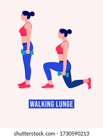 Girl doing Walking Lunge exercise, Woman workout fitness, aerobic and exercises. Vector Illustration.