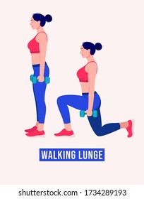 Girl Doing Walking Lunge Exercise, Woman Workout Fitness, Aerobic And Exercises. Vector Illustration.