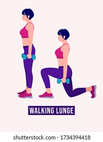 Girl doing Walking Lunge exercise, Woman workout fitness, aerobic and exercises. Vector Illustration.