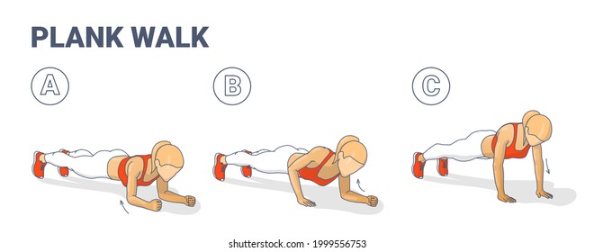 Girl Doing Woman Doing Plank Walk Up Exercise Fitness Home Workout Guidance Illustration. Walking Plank Up-downs Sports Exercise for Women Abs and Core Training. Plank to Push Ups Movement Instruction