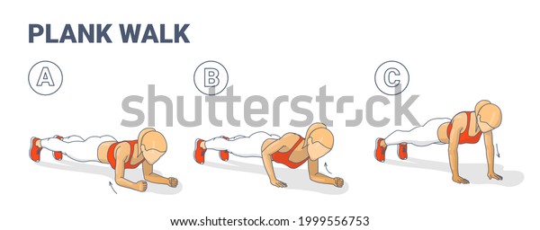 Girl Doing Woman Doing Plank Walk Up Exercise\
Fitness Home Workout Guidance Illustration. Walking Plank Up-downs\
Sports Exercise for Women Abs and Core Training. Plank to Push Ups\
Movement Instruction
