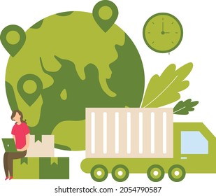 girl doing work on laptop and sent parcels on time internationally. a truck standing near the parcels on which girl sit.