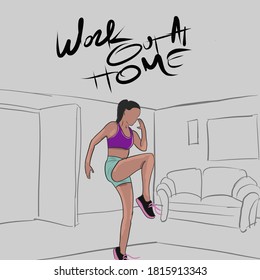 Girl doing workout  at home, interior background, hand drawn doodle, drawing in gravure style, sketch illustration