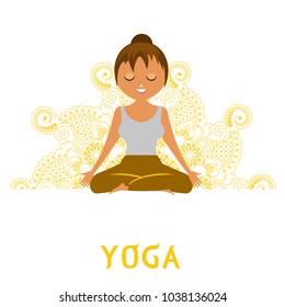 Girl doing yoga against a yellow mandala. One of the poses of a set of exercises. An isolated figure. Vector.
