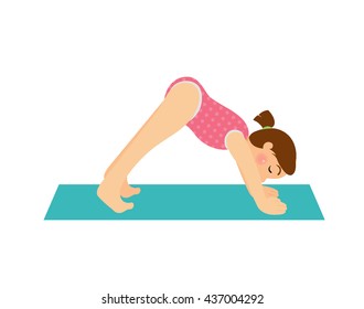 Girl doing yoga. Asana baby yoga. Kids yoga vector. Colored mats for yoga. Yoga for women. Happy and healthy people. The fun of sports and yoga