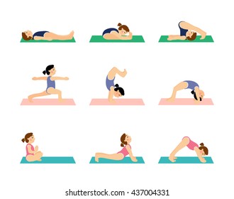 Girl doing yoga. Asana baby yoga. Kids yoga vector. Colored mats for yoga. Yoga for women. Happy and healthy people. The fun of sports and yoga