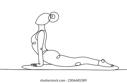 The girl is doing yoga. Asana for gentle stretching of the back muscles. International Day of Yoga. One line drawing for different uses. Vector illustration.