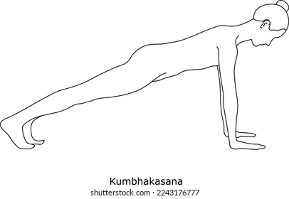 Girl doing yoga. Asana Kumbhakasana. Line art in sketch style isolated on white background. Vector illustration