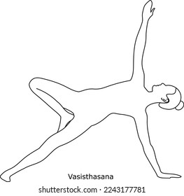 Girl doing yoga. Asana Vasisthasana. Line art in sketch style isolated on white background. Vector illustration