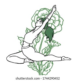 Girl doing yoga assana. Illustration with floral background.