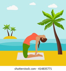 Girl doing yoga in the beach with his yoga pad under the sun. Contemporary style with pastel palette, soft blue tinted background with desaturated cloud. Vector flat design illustrations