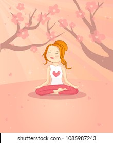 Girl doing yoga with a beautiful cherry tree in the background, vector