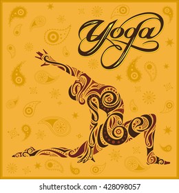 girl doing yoga with the body of the patterns on the yellow background and the inscription