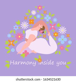 Girl doing yoga, body positive. Harmony inside you. Vector illustration. Lilac background.