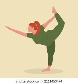 Girl doing yoga. Bodypositive illustration. Stretching and doing yoga asanas in green suit. Colorful flat art.