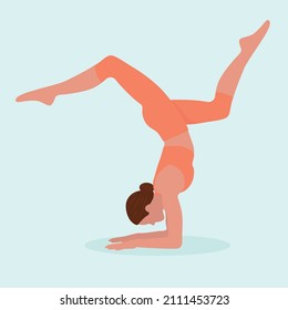 Girl doing yoga. Bodypositive illustration. Stretching and doing yoga asanas in pink suit. Colorful flat art.