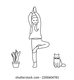 Girl is doing yoga, a cat and a plant by her side. Vector illustration. Outline. Healthy concept. 