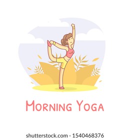 Girl Doing Yoga in City Park, Morning Physical Workout, Young Woman Character Practicing Yoga Asana Vector Illustration