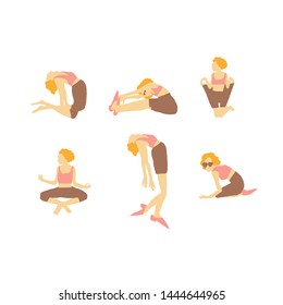 girl doing yoga in different poses in top and shorts