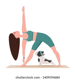 Girl doing yoga with dog/ Yoga with french bulldog/ Triangle yoga pose vector illustration