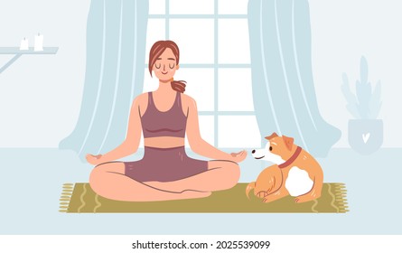 Girl doing yoga with a dog on a mat. Happy woman meditating at home. Cozy atmosphere. Funny dog in a collar