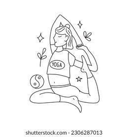 Girl doing yoga. Doodle style vector illustration, sketch for print, web, mobile and infographics isolated on white background.
