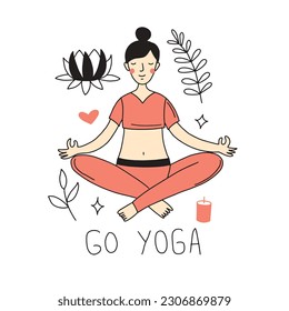 Girl doing yoga. Doodle style vector illustration, sketch for print, web, mobile and infographics isolated on white background.