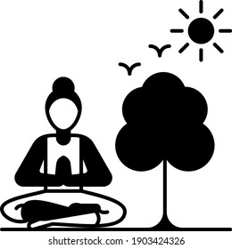 Girl doing yoga exercise after end of Coronavirus Pandemic Concept Vector Glyph Icon Design, New Normal Symbol on White background, Gym Fitness Color Illustration
