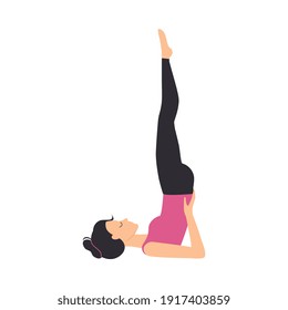 Girl Doing Yoga Exercise, Slim Sporty Young Woman Practicing Shoulder Stand Pose Yoga Pose Flat Style Vector Illustration