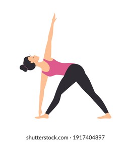 Girl Doing Yoga Exercise, Slim Sporty Young Woman Practicing Triangle Yoga Pose Flat Style Vector Illustration