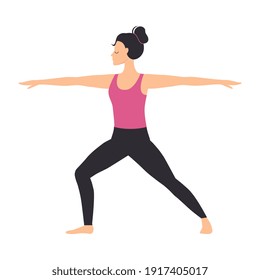 Girl Doing Yoga Exercise, Slim Sporty Young Woman Practicing Warrior Pose Yoga Pose Flat Style Vector Illustration