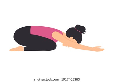 Girl Doing Yoga Exercise, Slim Sporty Young Woman Relaxing in Child Yoga Pose Flat Style Vector Illustration