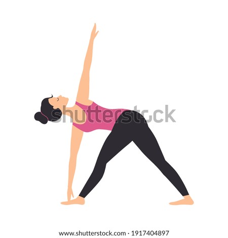 Girl Doing Yoga Exercise, Slim Sporty Young Woman Practicing Triangle Yoga Pose Flat Style Vector Illustration
