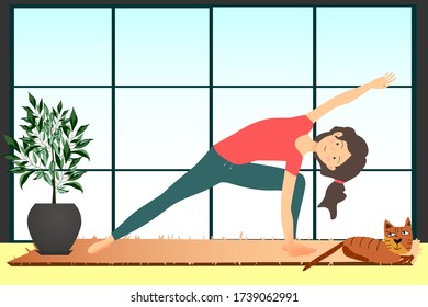 Girl doing yoga exercises at home. Fitness. Sport.