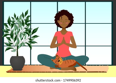 Girl doing yoga exercises at home. International Yoga Day. Vector illustration. Sport.