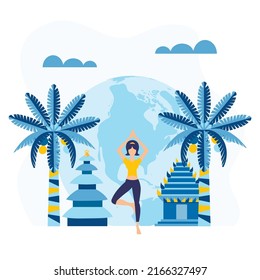 Girl doing yoga exercises near pagodas and tropical palm trees Vector illustration
