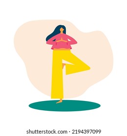 Girl doing yoga exercises, practicing meditation and stretching on the mat. Trendy flat or cartoon vector illustration. Young woman in yoga asana pose. Balance.