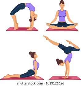 girl is doing yoga exercises. set of characters. exercise sports and meditation