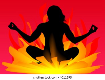 girl doing yoga in flame background