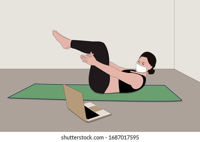 Girl doing yoga at home in mask. Corona virus self-quarantine. Coronavirus covid-19, 2019-nCoV, quarantine illustration. Isolation period at home. Healthy lifestyle and home yoga online