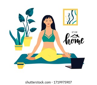 Girl doing yoga at home with notebook online. Let's stay home hand lettering text. Fitness lifestyle. Coronavirus quarantine concept. Flat vector illustration.